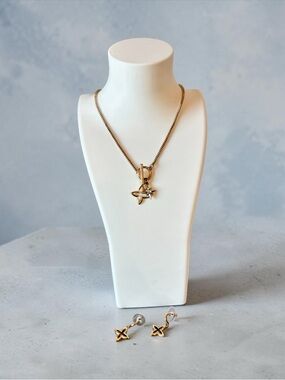 Gold Star & Cross Charm Necklace with Matching Gold Stud Earrings - Women